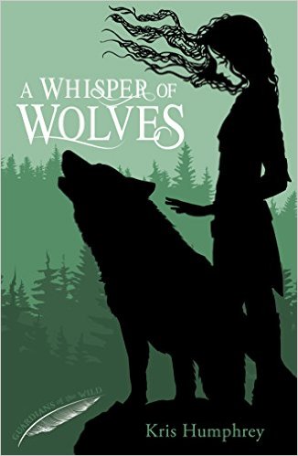 The cover of A Whisper of Wolves in which Alice, a young girl, and Storm, her wolf companion look out across forested mountains